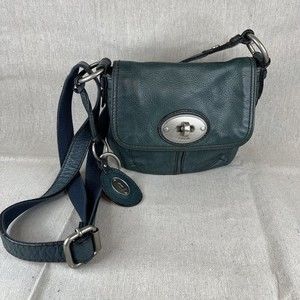 Fossil Maddox Green Blue Purse Leather Turn Lock Adjustable Strap Vintage